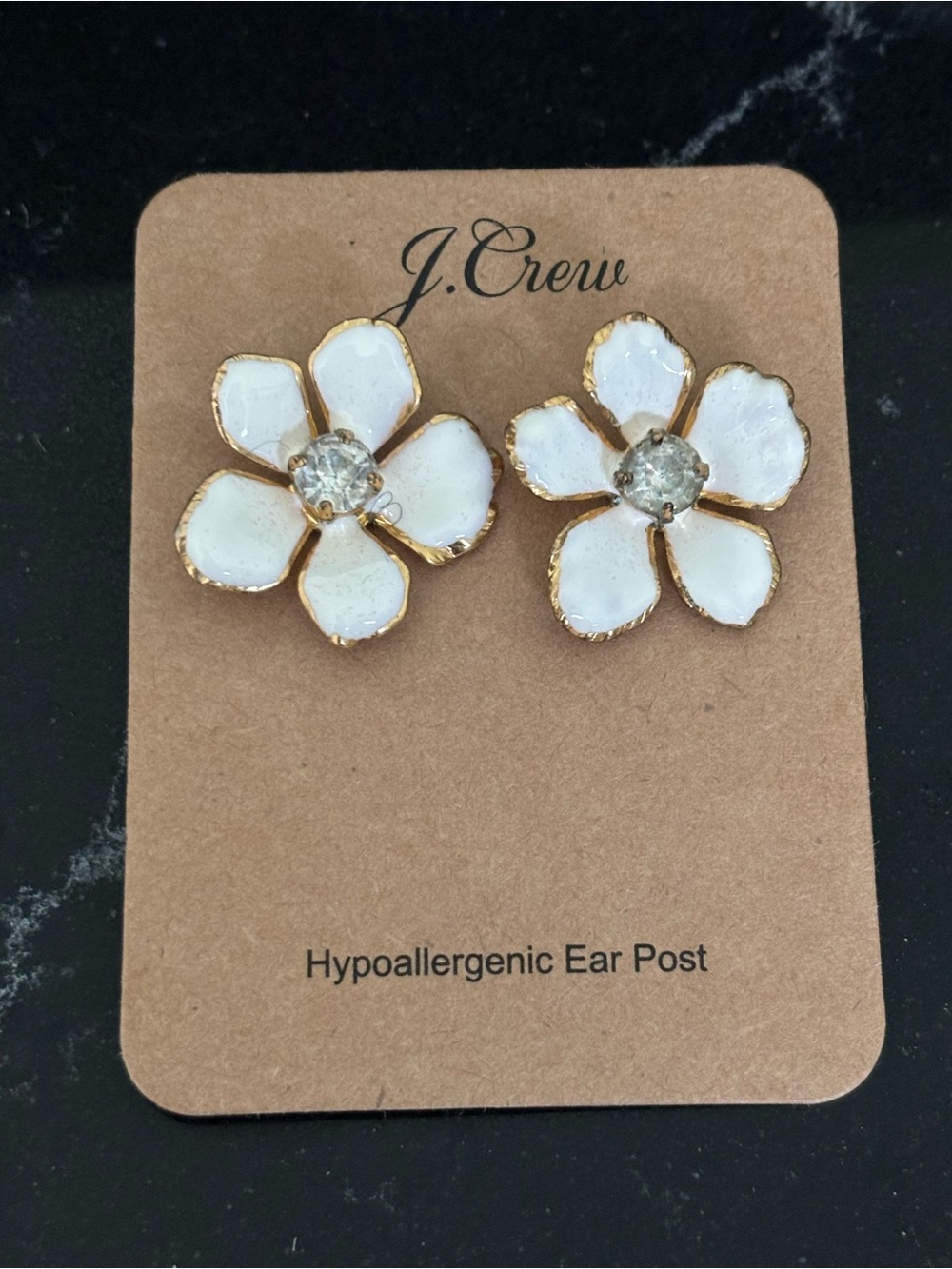J. Crew White Enamel Flower Crystal Center Stud Earrings